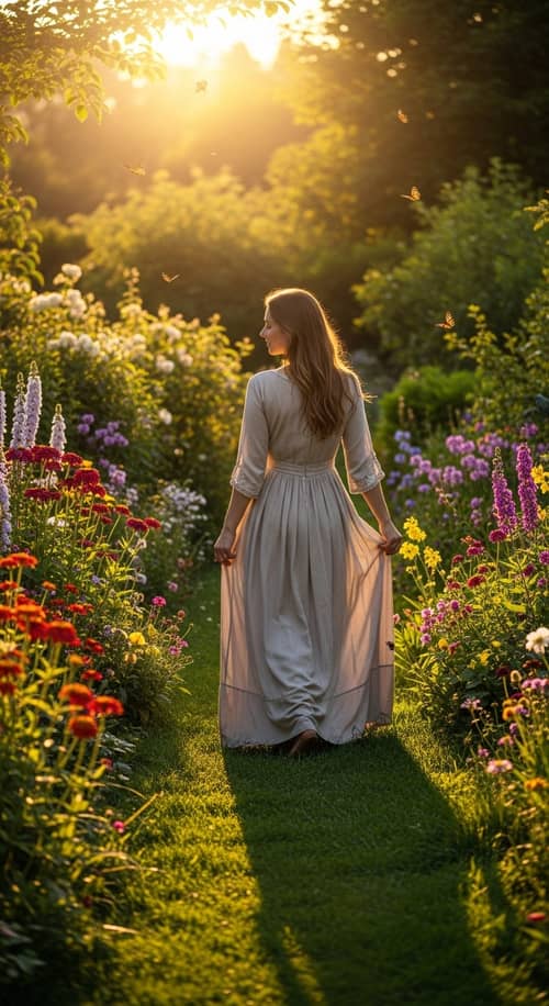 Irish Woman in Long Dress Strolling in Lush Summer Garden