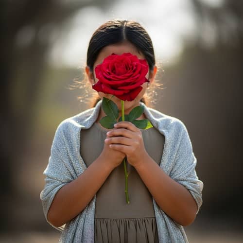 Hispanic Girl Holding Vibrant Red Rose in Earth-Colored Dress