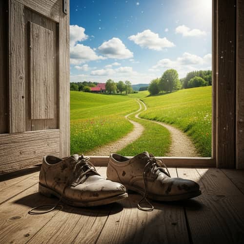 Old Shoes by Open Door to the Countryside