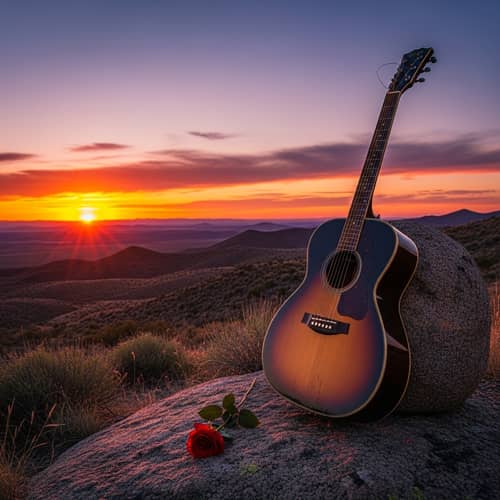 Guitar Leaning Against Rock with Sunset View