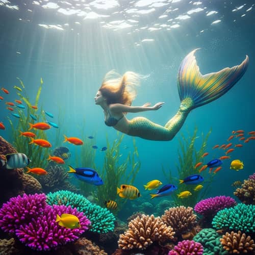 Surreal Underwater Scene with Mermaid and Exotic Fish