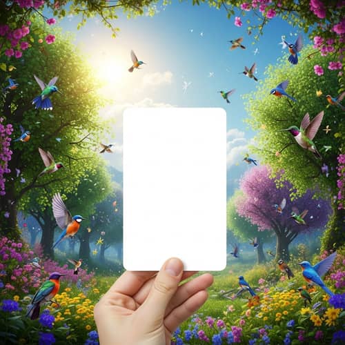 Springtime Fantasy Scene with Empty White Card