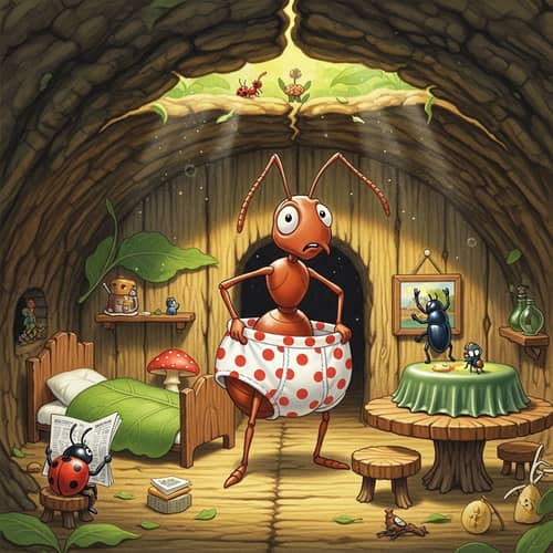Whimsical Ant Character in Humorous Oversized Underwear