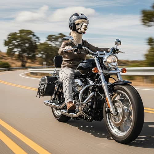 Male Alpaca Riding Motorcycle on Winding Road | Adventure Scene