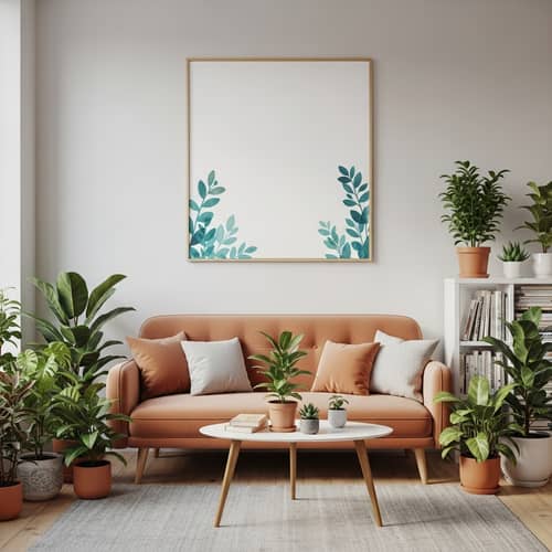 Cozy Living Room with Vibrant Houseplants & Mindfulness Poster