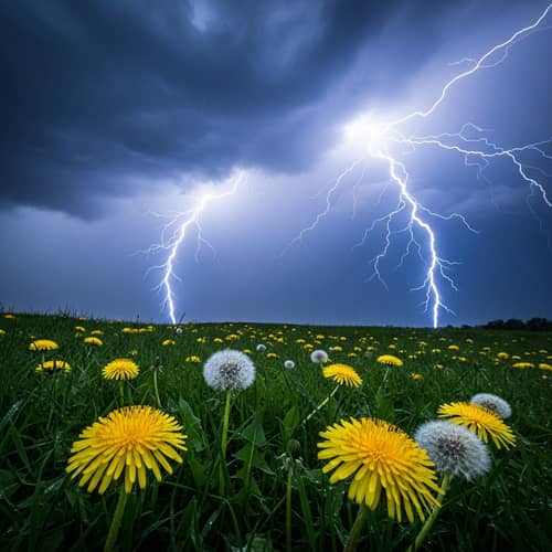 Dynamic Weather Scene: Lightning, Thunder, and New Dandelions