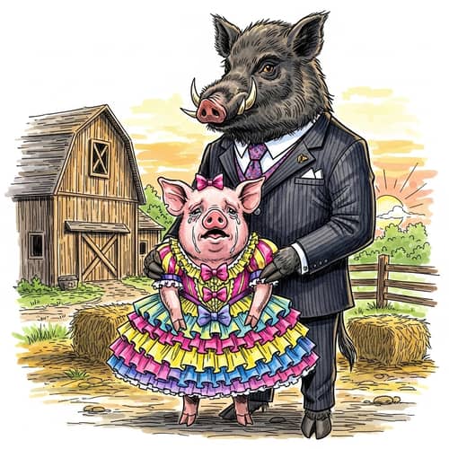 Masculine Black Wild Boar Holds Distraught Pink Pig in Vibrant Dress