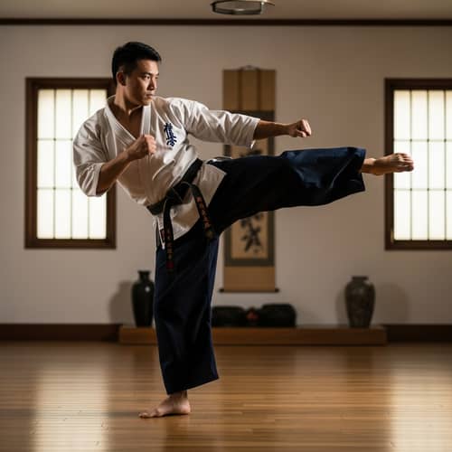 Bruce Lee Martial Arts: Powerful High Kick in Dojo