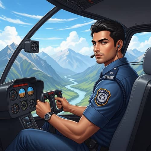 Professional South Asian Male Police Officer Flying Helicopter Illustration