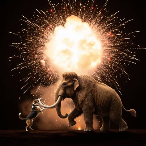 Playful Dog vs Woolly Mammoth: Epic Battle with Explosive Backdrop