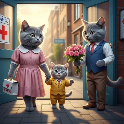 Adorable Family Cats in Colorful Outfits Leaving Hospital
