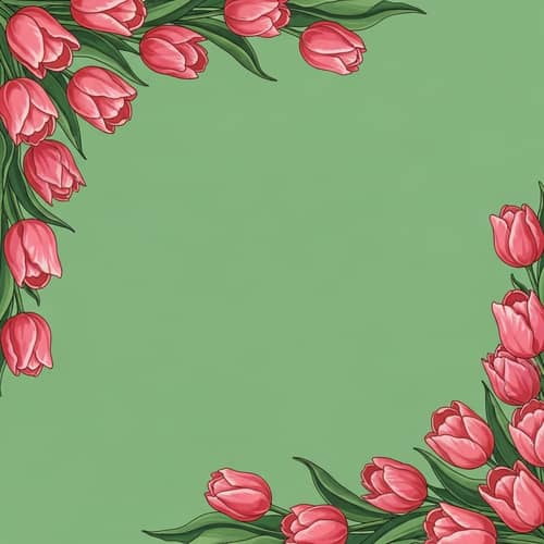 Classic Anime Style Image with Green Background and Pink Tulips