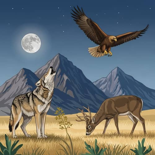 Mexican Wildlife Art Composition: Wolf, Deer, Eagle & Moon