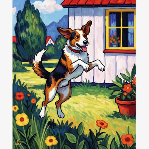 Playful Dog Mid-Jump in Vivid & Whimsical Setting