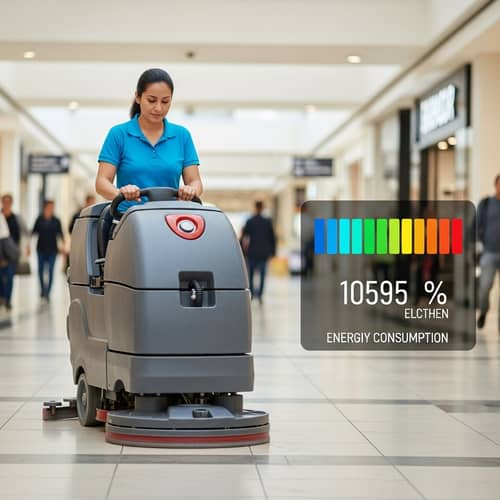 Hispanic Woman Operating Automatic Floor Scrubber in Busy Mall Aisle