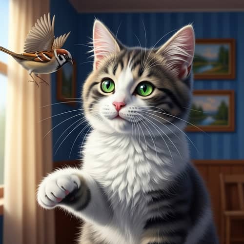 Detailed Domestic Cat Image | Fluffy Fur, Emerald Green Eyes