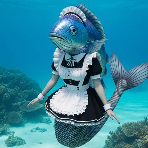 Unique Fish-Headed Maid Mermaid in Turquoise Water