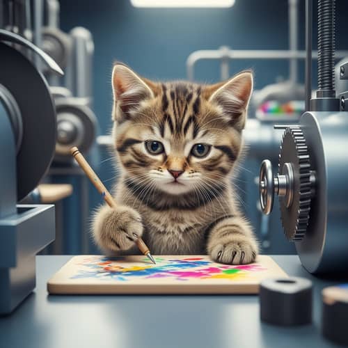 Fluffy Kitten Pursues Artistic Dreams in Industrial Setting