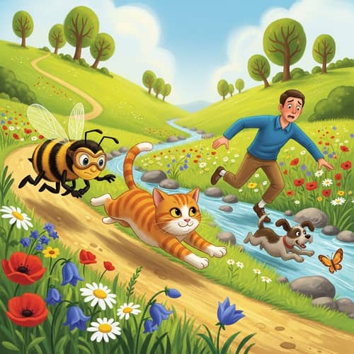 Bee Racing Cat in Outdoor Setting - Action Scene with Man Saving Dog
