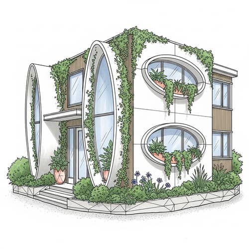 Architectural Illustration of Geometric House Exterior and Lush Plants