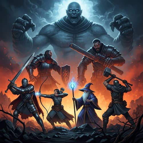 Medieval Fantasy Album Cover: Epic Showdown of 4 Heroes vs. Giant Villain