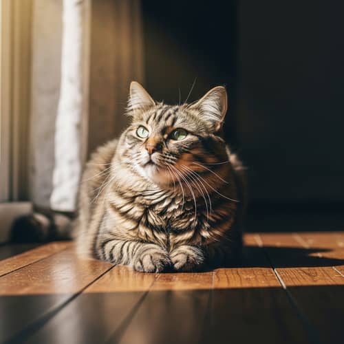 Fluffy Domestic Cat Sitting in Sunlight on Wooden Floor