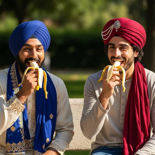 Vibrant Turban-Wearing Men Enjoying Bananas Outdoors