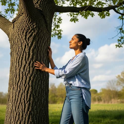 South Asian Woman Standing by Oak Tree