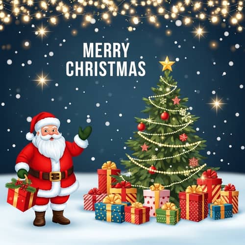 Festive Holiday Scene 2023: Merry Christmas with Santa, Tree, Gifts & Snowfall