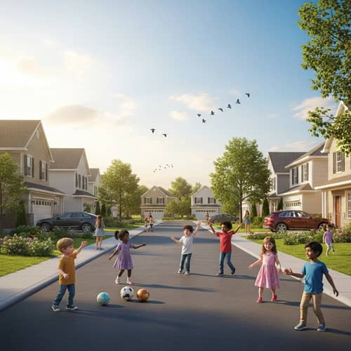 Serene Suburban Scenery with Diverse Children Playing