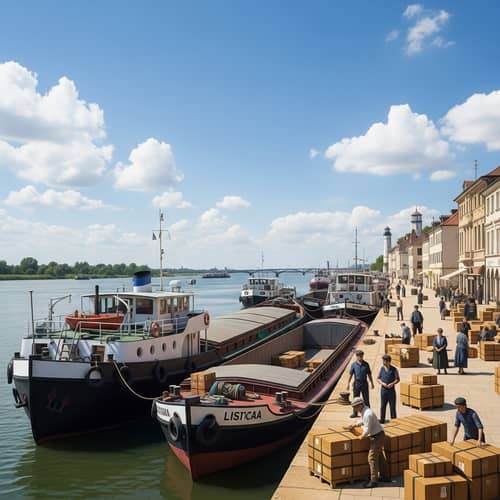 Tranquil River Port with Cargo Boats and Lighthouse