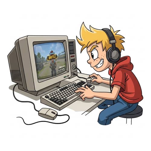 Nostalgic Cartoon Boy in Vintage Gaming Scene | Online Battle Royale