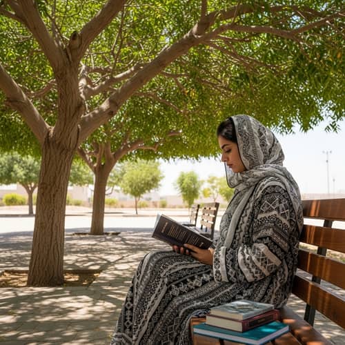 Middle-Eastern Female Student in Intricately Designed Abaya Reading Under Neem Tree
