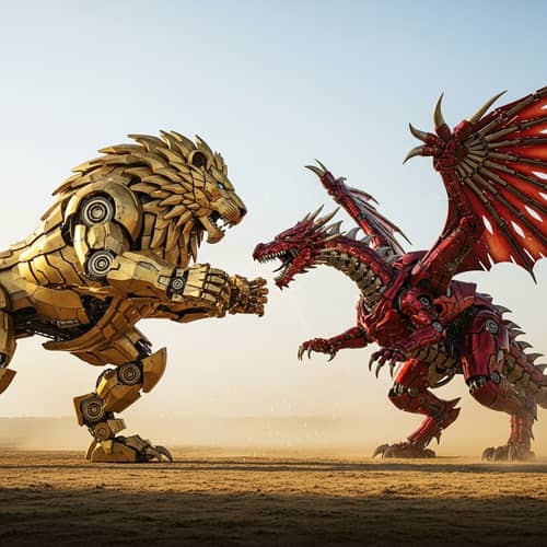 Robot Lion vs Robot Dragon Battle: Epic Showdown