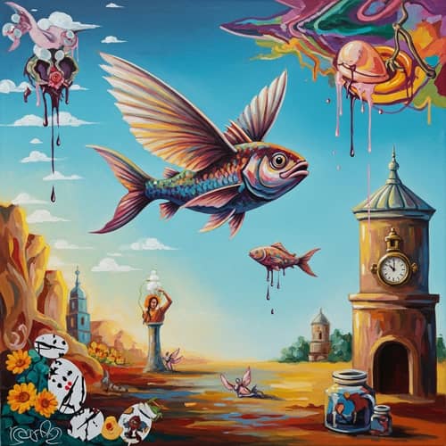 Vibrant Flying Fish Art in Surreal Dreamscape | Fantasy Artwork