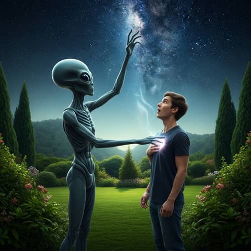 Alien and Human Energy Connection in Lush Garden | Mystical Scene