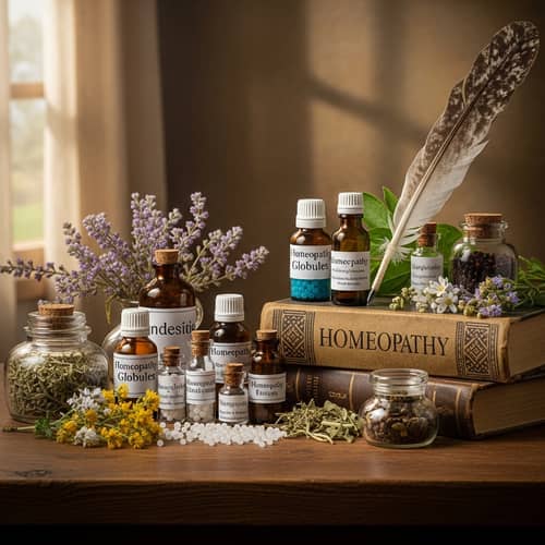 Homeopathy Still Life Art with Healing Herbs and Bottles