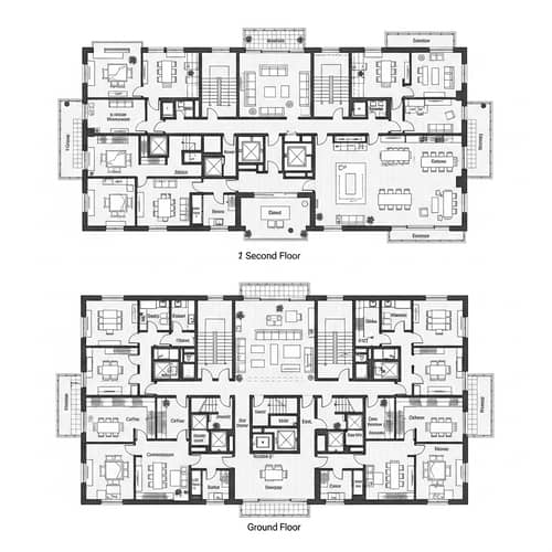 3 Storey Office Floor Plan with Distinct Rooms