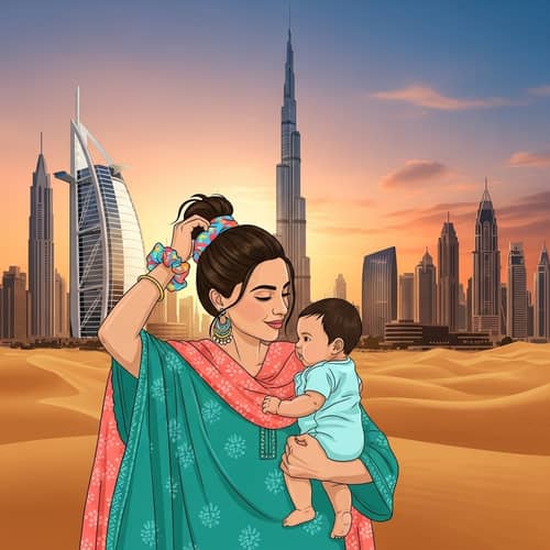 South Asian Woman Tying Hair with Baby in Dubai