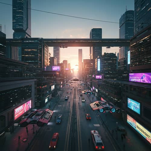 Futuristic Cityscape at Sunset: Cyberpunk Aesthetics