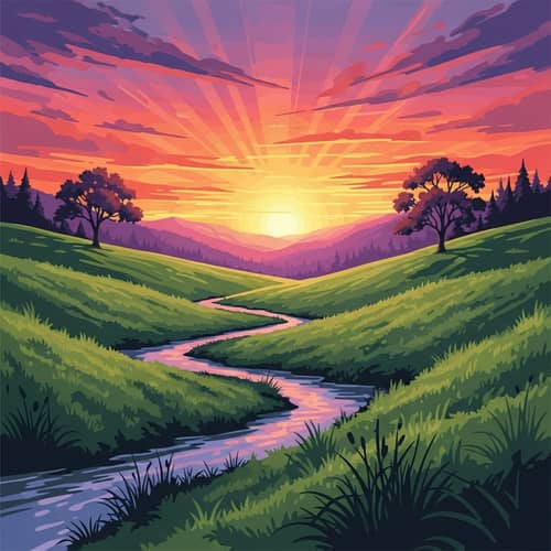 Abstract Natural Landscape Art | Orange Sunset & Rolling Green Hills