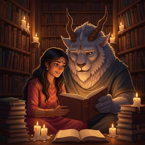Tranquil Library Scene with Young Woman and Mythological Beast