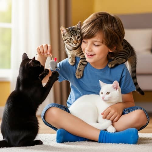 Young Caucasian Boy Playing with Black, Tabby, and White Cats