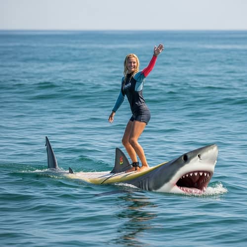 Blonde Female Surfing on Giant Shark - Unusual Sea Scene