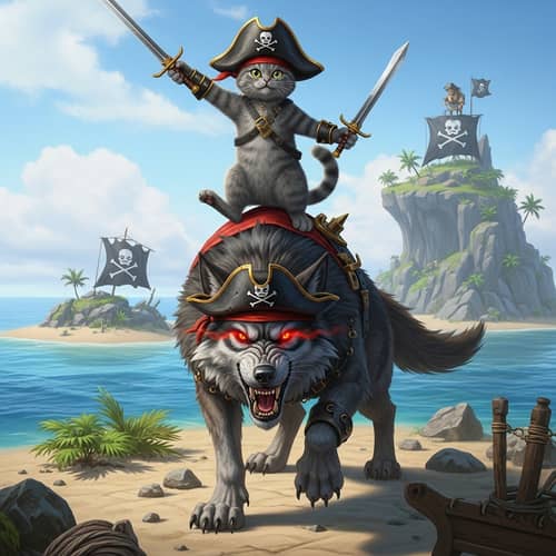 Cat and Wolf Pirate Battle | Hyperrealism Artwork
