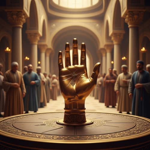 Golden Hand on Ancient Table - Surreal Scene