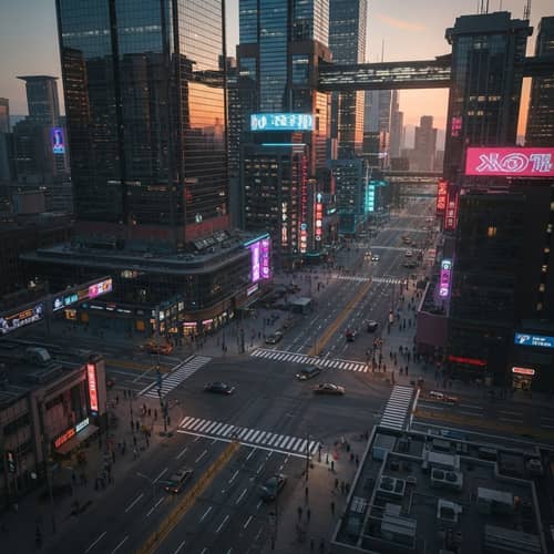 Future Cyberpunk Cityscape: Neon Lights & Urban Dynamism