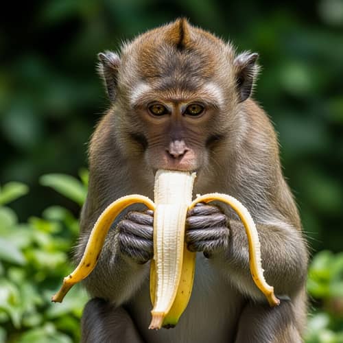 South Asian Monkey Enjoying a Banana in Lush Greenery