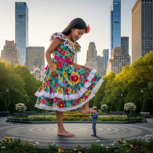 Colossal Hispanic Girl in Colorful Dress Surprises Caucasian Male