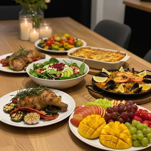 Elegant Prepared Meals | Roasted Chicken, Lasagna, Paella & Fruit Platter
